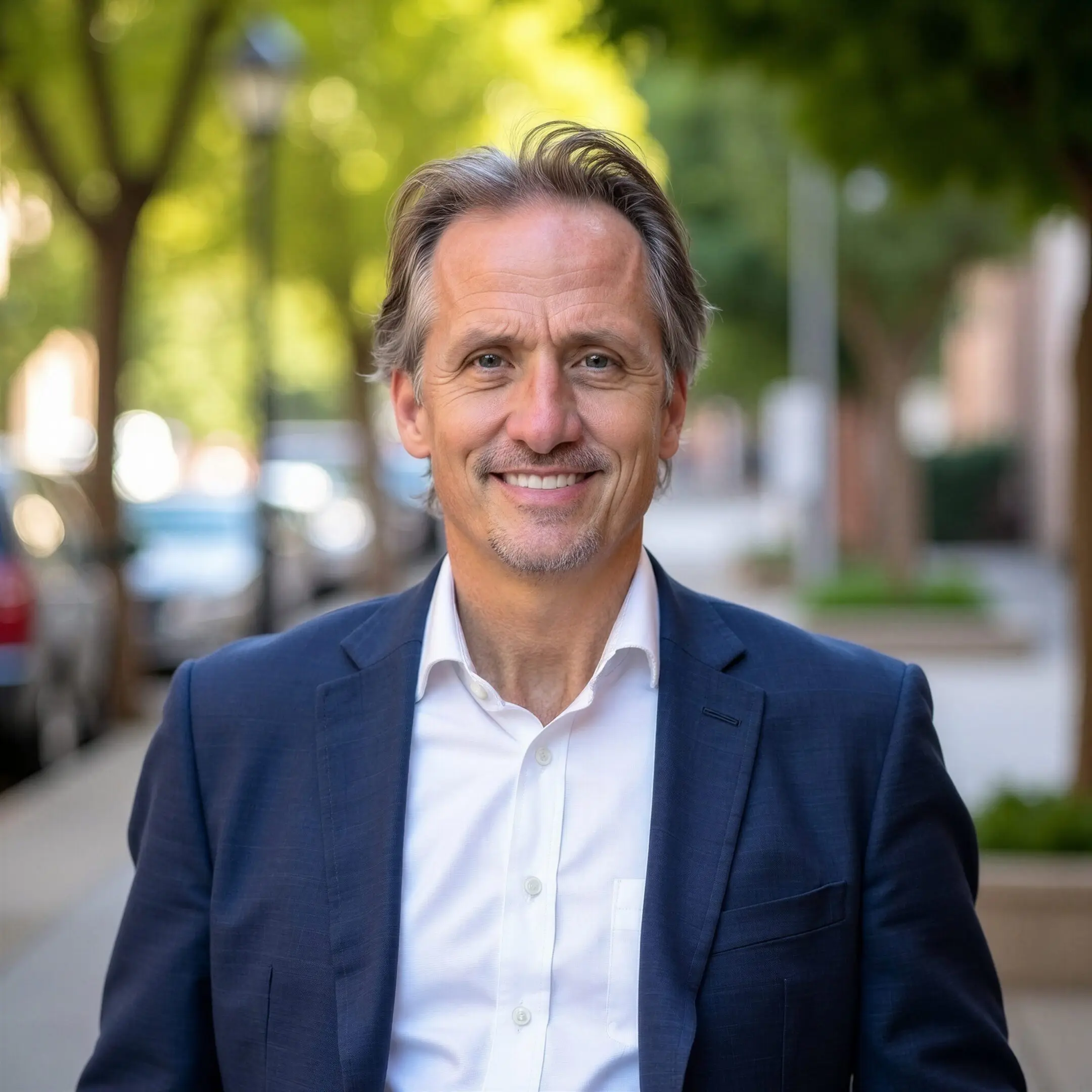 Smiling professional in blazer outdoor headshot